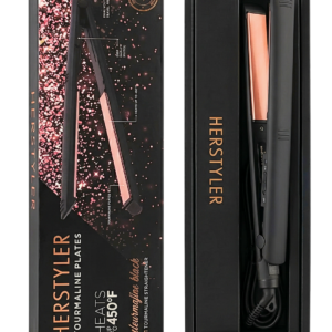 Herstyler Tourmaline Black 1” Hair Straightener – Dual Voltage Flat Iron with Rose Gold Plates