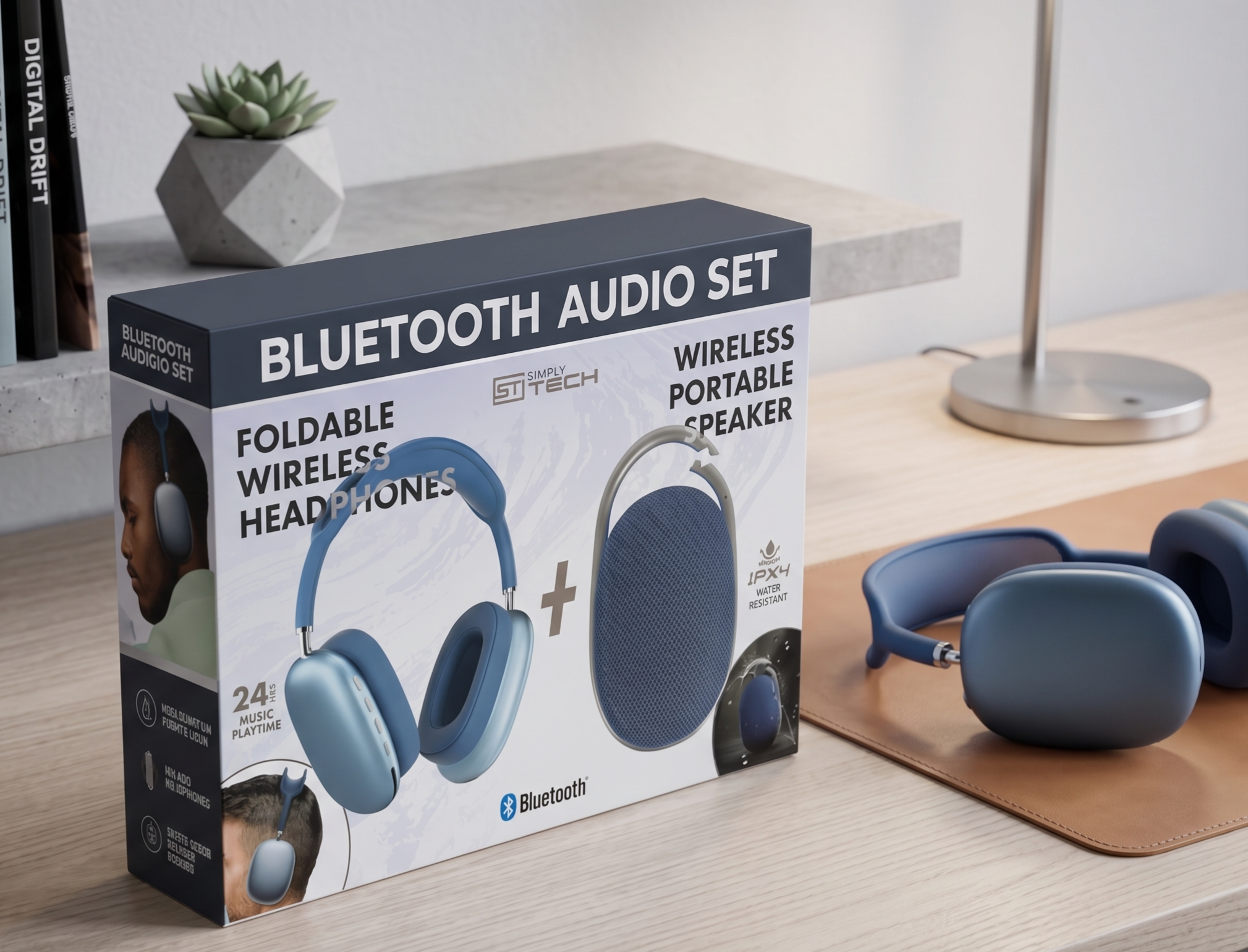 SimplyTech Bluetooth Audio Set: Foldable Wireless Headphones & Portable Speaker