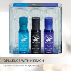 Beverly Hills Polo Club Men's 3-Piece Body Spray Collection Gift Set (Active, Sexy, Blue) – 3 Fl. Oz. Each