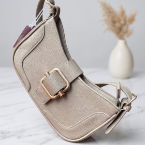 Aria Pebbled Saddle Shoulder Bag with Statement Buckle – Taupe