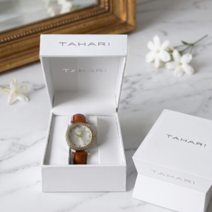 Tahari Women's Two-Tone Quilted Dial Watch with Textured Bezel & Cognac Leather Strap