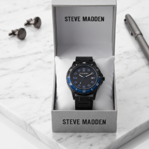 Steve Madden Men's Sport Dive-Style Watch with Blue Accents – Matte Black