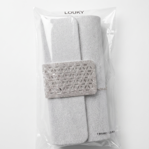 LOUKY Silver Shimmer Evening Clutch with Crystal Rhinestone Buckle