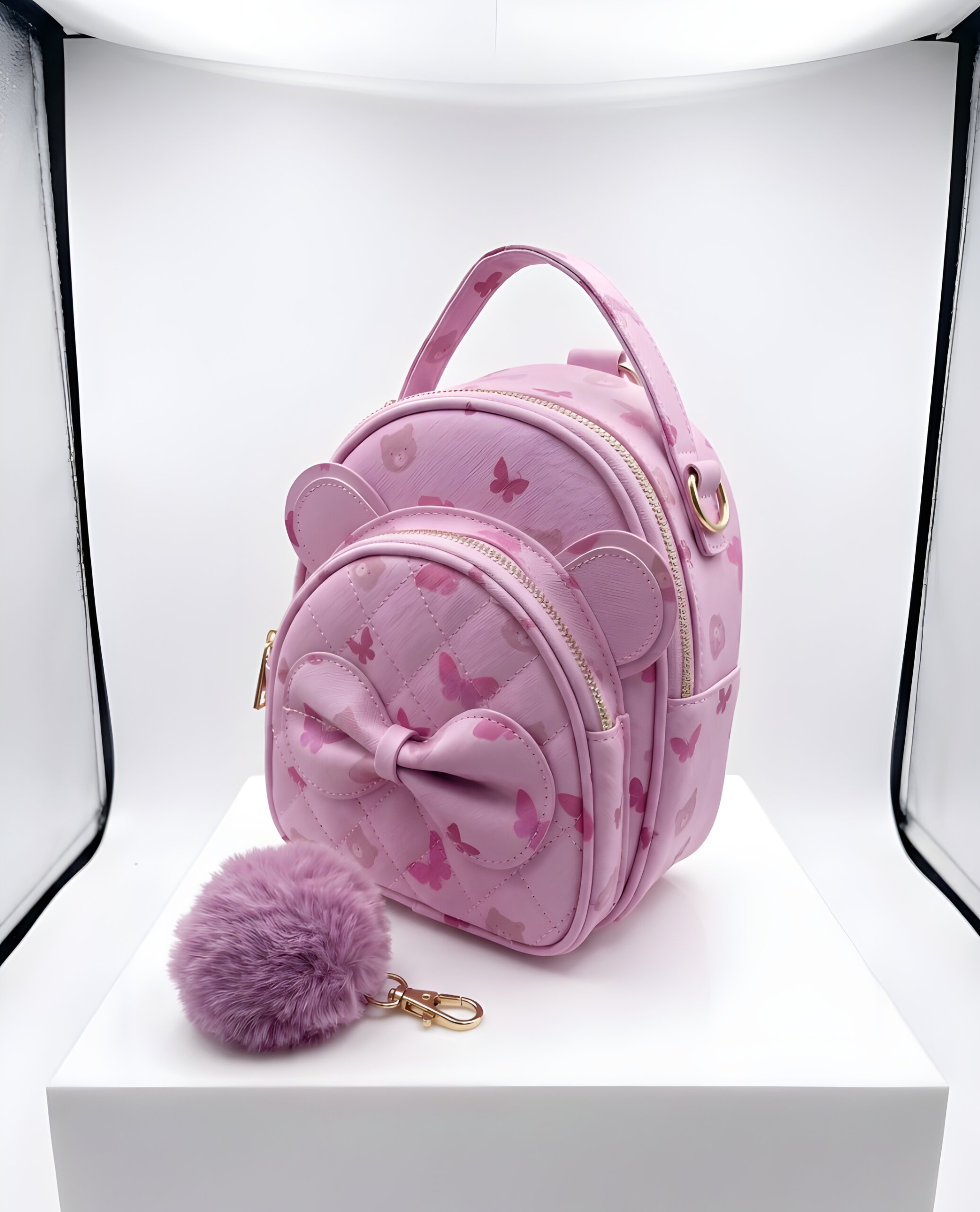 Sweetheart Butterfly Quilted Mini Backpack with Bear Ears & Pom-Pom Charm – Pink