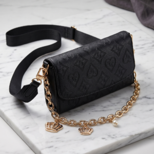 Luxe Embossed Crest Flap Crossbody Bag with Chain Accent and Charms – Black