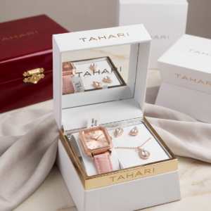 Tahari Women's Rose Gold-Tone Rectangular Watch and Crystal Teardrop Jewelry Gift Set – Blush Pink