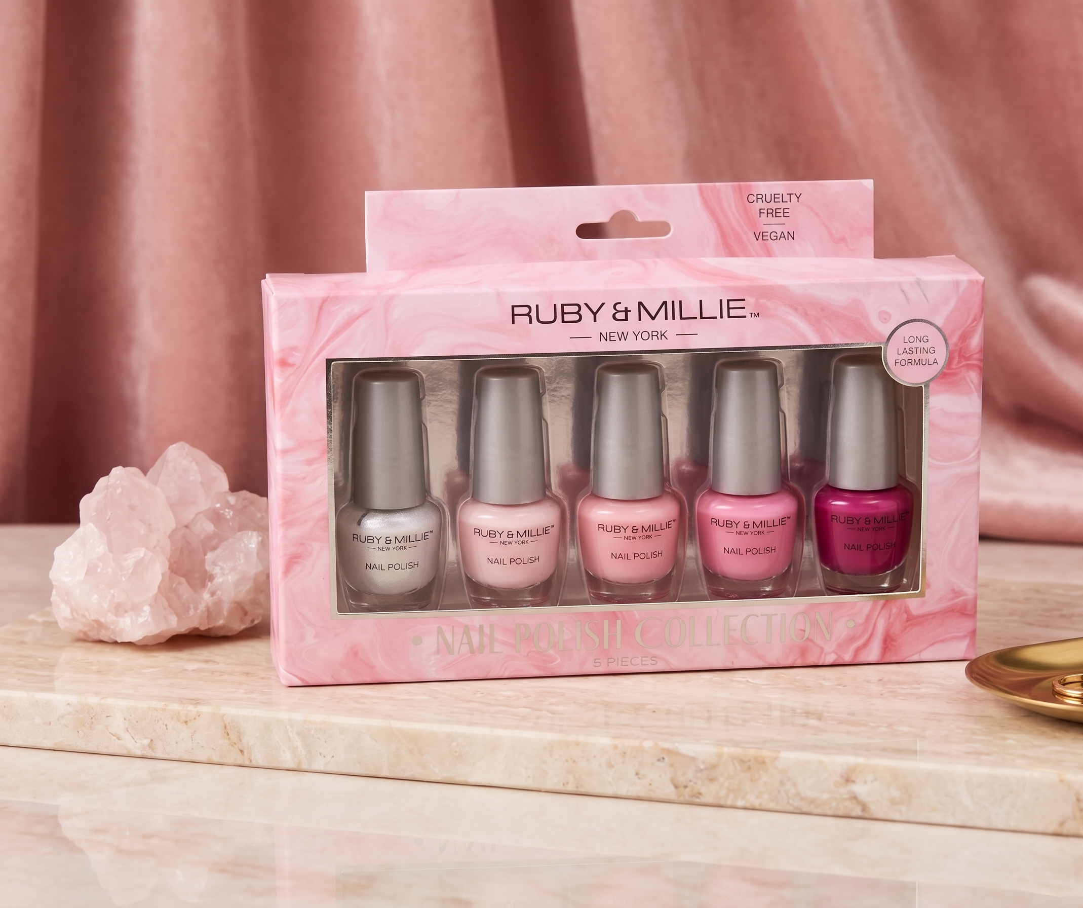Ruby & Millie New York 5-Piece Vegan Nail Polish Collection – Pink Marble Edition