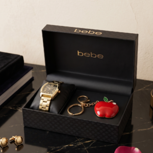 Bebe  Gold-Tone Tonneau Watch and Red Enamel Apple Keychain Gift Set