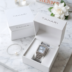 Tahari Women's Crystal-Accented Rectangular Watch with Icy Blue Dial – Silver-Tone
